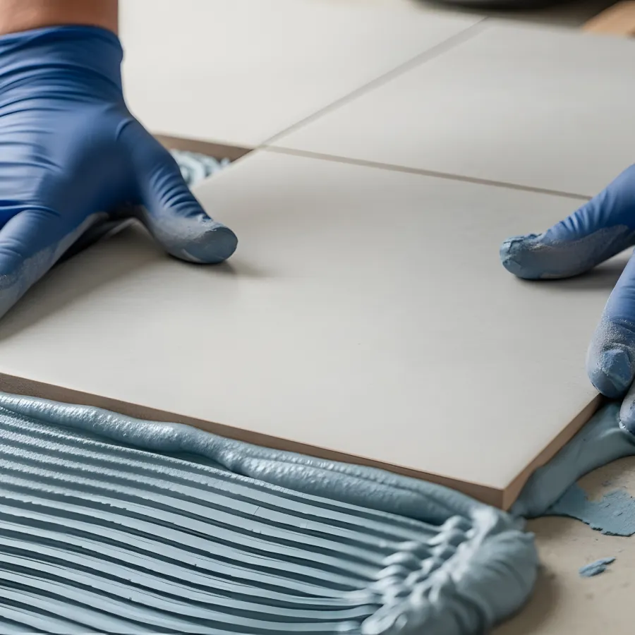 Tiler laying a ceramic floor tile in Elberfeld, IN